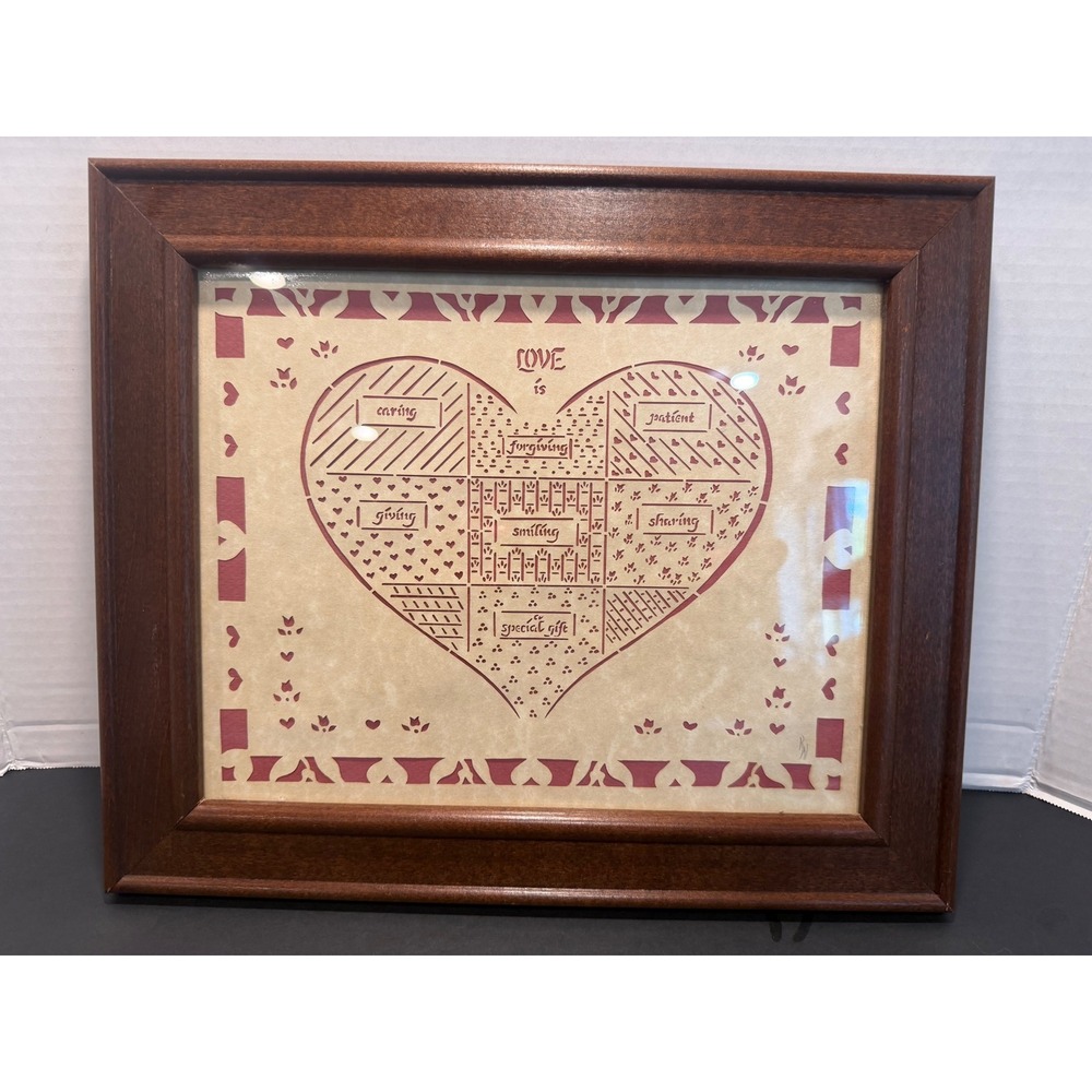 Vtg Scherenschnitte Paper Cutting Art Love Is Framed Heart Folk Art 12.5x10.5